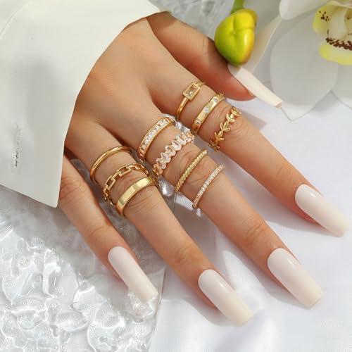 RLMOON Gold Ring Set for Women Dainty Silver Rose Gold Stackable Rings | 14K Gold Plated Simple Heart CZ Pinky Stacking Thumb Rings Plain Band Size 4-12(8-12PCS) - color: 10PCS Gold Rings