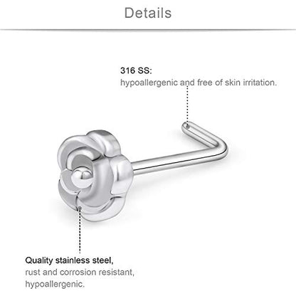 SCERRING 20G 8PCS Stainless Steel Flower Rose Heart L-Shaped Nose Stud Rings Piercing Jewelry Clear Cubic Zirconia - color: 8PCS - Silver