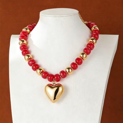 Resin Chunky Colorful Beaded Necklace | Adjustable Boho Statement Necklace,Summer Beach Party Jewelry - color: Heary+Red