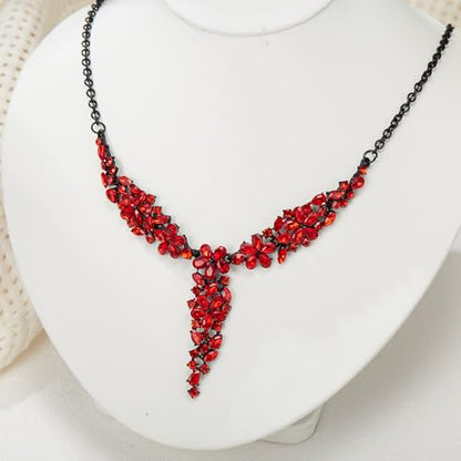 EleQueen Statement Sparkle Crystal Necklace Bracelet Dangle Earrings Set for Women, Art Deco Prom Chandelier Jewelry for Wedding Bridal - color: Red Black-Tone