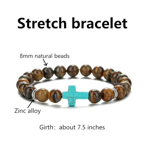 Beaded Bracelets Cross Bracelet for Women Men Lava Rock Turquoise Tiger Eye Natural Bracelet Anxiety Healing - color: 6 Pcs- green cross