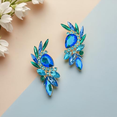 Bohemian Dainty Sparkly Crystal Teardrop Flower Dangle Drop Earrings Unique Lightweight Glitter Rhinestone Geometry Floral Stud Earrings For Women - style: Blue