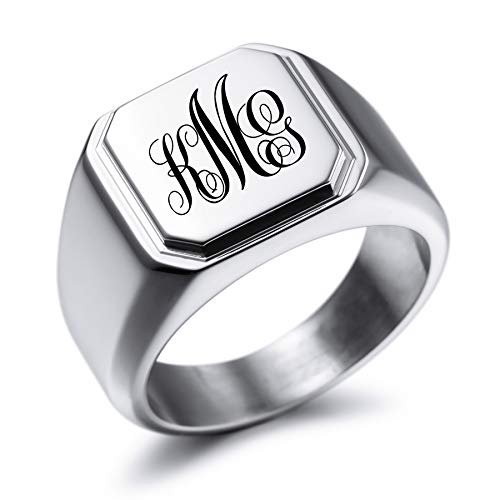 MeMeDIY Personalized Engraved Initial Monogram Signet Ring for Men Women Customize Stainless Steel Wedding Letter Rings Jewelry Bundle with Ring Size Adjusters - color: A3: Silver - Monogram