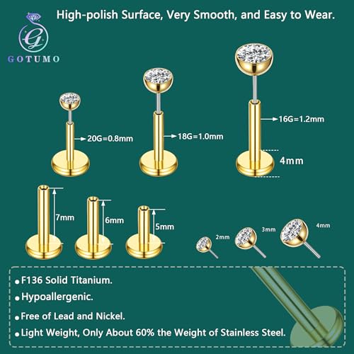 Gotumo 16G 18G 20G Flat Back Earrings Stud Titanium Threadless Nose Rings Tragus Labret Cartilage Lip Medusa Conch Body Piercing Jewelry Hypoallergenic for Women Men - color: Gold, size: 20G Bar 5/6/7mm & CZ 2/3/4mm
