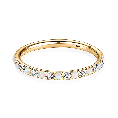GAGABODY Surgical Steel Hypoallergenic Nose Ring Earring CZ Hoop for Unisex | Hinged Seamless Clasp,Used in Nostril,Septum,Lip,Eyebrow,Nipple and All Ear Piercings.22G to 12G,Inner Diameter 5mm to 14mm - color: Gold+Clear CZ & White Opal, size: 20G-8mm