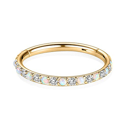 GAGABODY Surgical Steel Hypoallergenic Nose Ring Earring CZ Hoop for Unisex | Hinged Seamless Clasp,Used in Nostril,Septum,Lip,Eyebrow,Nipple and All Ear Piercings.22G to 12G,Inner Diameter 5mm to 14mm - color: Style5:Gold+Clear CZ & White Opal, size: 8mm