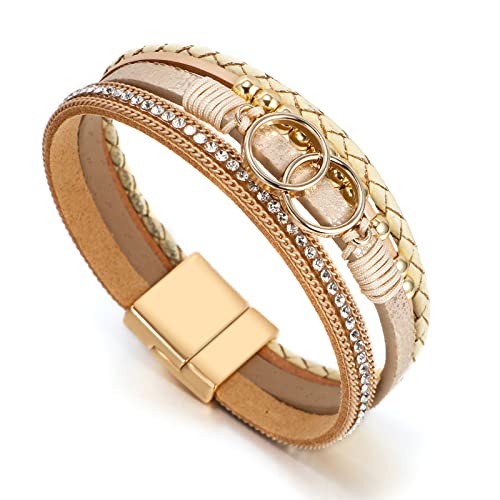 Fesciory Leather Wrap Bracelet for Women, Boho Western Layered Cuff Jewelry | Stackable Bracelets, Easy-On Clasp, Daily Wear, Pairs with Boho Western Outfits, Gift for Women - color: Khaki1