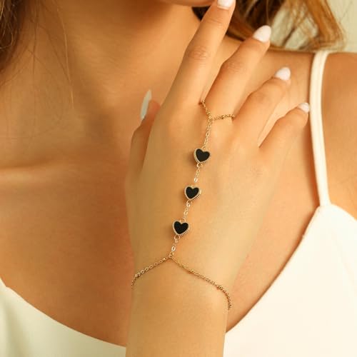 Hand Chain Bracelets for Women 14K Gold Plated Dainty Link Bracelet Bracelets Trendy Ring Bracelet Birthday Jewelry Gifts for Women - style: Black Heart