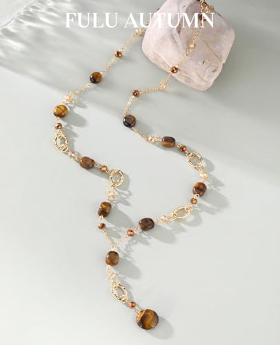 FULU AUTUMN Long Gold Beaded Necklaces for Women Natural Stone Bead Statement Pendant Necklace Y Sweater Chain Fashion Jewelry Gifts - color: Tiger's Eye