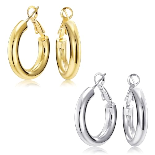 SHOWNII Chunky Gold Hoop Earrings - 14K Gold Plated Earrings for Women Hollow Tube Lightweight Thick Hoops 20/25/30/40mm Valentines Graduation Mother's Day Birthday Gifts - color: 25 Millimeters-Gold Plated & White Gold Plated