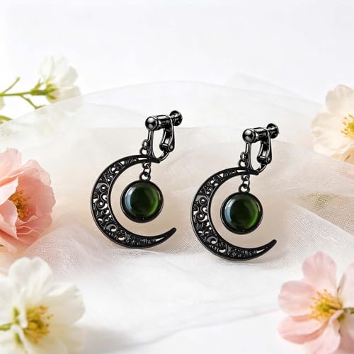 Gothic Moon Clip On Earrings for Women Black Filigree Dangle Moon Earrings Halloween Witch Earring Colorful Crystal Vampire Earring Accessories Halloween Jewelry Gifts - color: Green