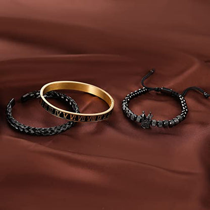 WFYOU 3PCS Stainless Steel Imperial Crown Bracelets for Men Gold Roman Numeral Bangle Bracelet Adjustable Cuff Bracelet Mens Luxury Jewelry Gifts - style: 02:Black-Roman Numeral