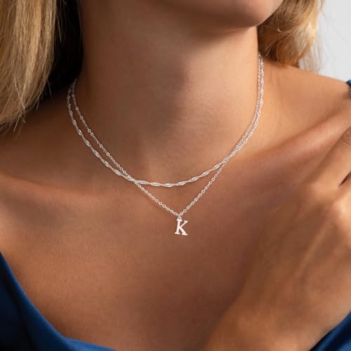 14K Gold Plated Initial Necklaces for Women Dainty Layered Letter Pendant Necklace Cute Choker Necklace Gift Trendy Stuff Personalized Jewelry Stack for Women Her - color: Silver, style: K