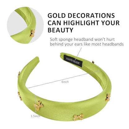 CURASA Padded Headband For Women Cute Non Slip Head Band Soft Sponge Hairband Green Trendy Satin Hairbands Fashion Gold Metal Bow Decorative Hair Hoop Comfortable Elastic Yoga Hair Accessories