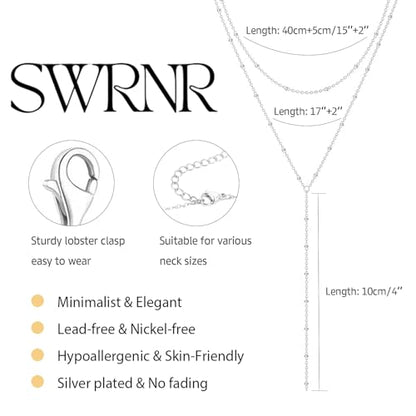 Lariat Necklace for Women, Dainty 14K Gold/Silver Plated Long Necklaces for Women Trendy Simple Layered Y-Shaped Pendant Necklace Adjustable Fashion Jewelry Gift - color: Silver, style: Satellite Chain