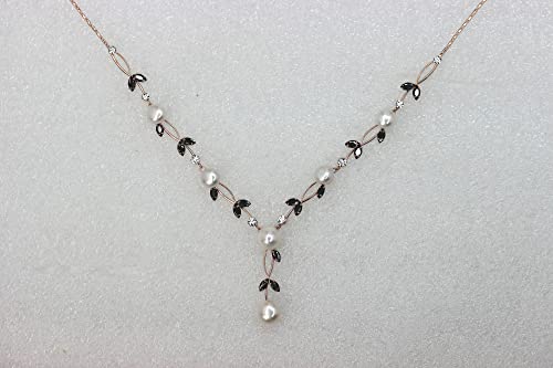 Faship Genuine Freshwater Pearls Floral Necklace Earrings Set | Premium CZ Crystal, Gorgeous, Sparkling - color: Black / Rose Gold Plated