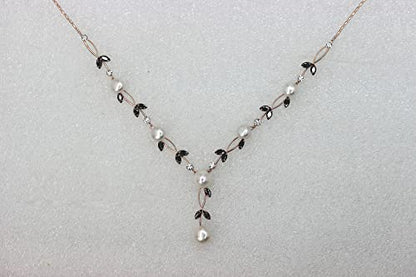 Faship Genuine Freshwater Pearls Floral Necklace Earrings Set | Premium CZ Crystal, Gorgeous, Sparkling - color: Black / Rose Gold Plated