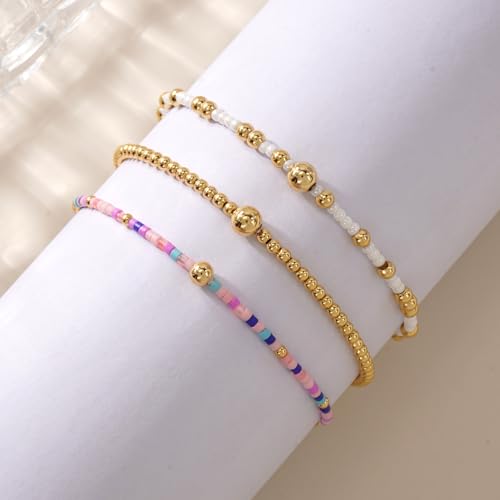 Gold Beaded Bracelet Stack for Women Colorful Small Seed Beads Bracelets Set Boho 14K Gold Plated Ball Stackable Stretch Non-Tarnish Dainty Jewelry Trendy Accessory Friendship Gift - color: pink purple and white