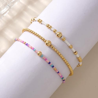 Gold Beaded Bracelet Stack for Women Colorful Small Seed Beads Bracelets Set Boho 14K Gold Plated Ball Stackable Stretch Non-Tarnish Dainty Jewelry Trendy Accessory Friendship Gift - color: pink purple and white