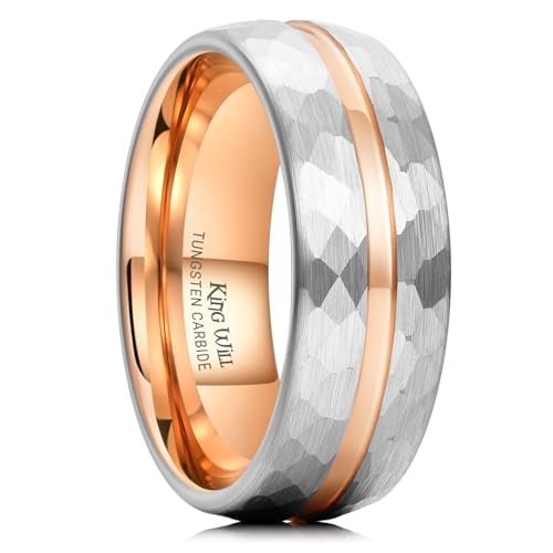 King Will Men's Tungsten Carbide Wedding Ring Hammered Groove Wedding Band Mens Two Tone Engagement Ring for Men and Women Matte Brushed Finish Comfort Fit - color: 8MM Silver-Rose Gold Groove