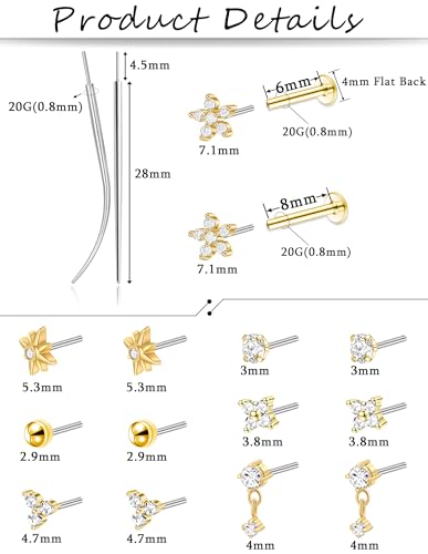 Threadless Flat Back Earrings Studs 20G Surgical Steel Push in Nose Studs Rings Cartilage Helix Tragus Conch Lip Labret Medusa CZ Nostril Piercing Jewelry for Women Gold Silver Tone - color: Gold