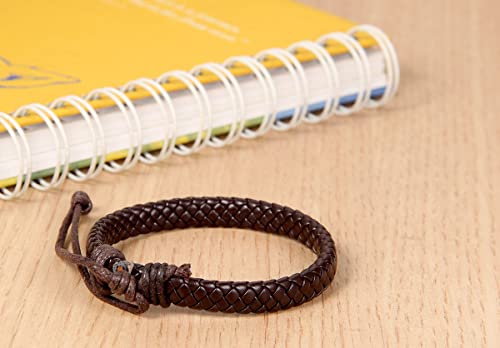 Leather Surfer Cuff Bracelet: Adjustable Braided Rope Woven Wrap Wristband for Men Women, Fit 7.6-10.6 inch Wrist - color: Brown