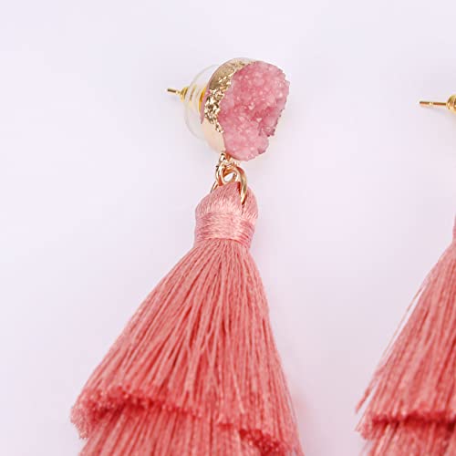 Bohemian Tiered Tassel Earrings with Druzy Stud for Women | Long Layered Fringe Drop Earrings, Statement Jewelry for Party Beach Festival - color: Blush