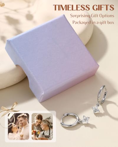 FIBO STEEL 14K Gold Plated Hoop Earrings with Charms for Women Huggie Hoops | Hypoallergenic 925 Sterling Silver Post Dangle Earrings Small Silver Gold Hoops Earring Cubic Zirconia Dangle Drop Jewelry - color: Clover - Silver Plated