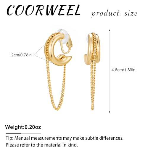 Gold Silver Trendy Clip On Dangle Earrings for Women | Clip On Drop Earrings, Tassel Chain Hoop Earrings, Non Piercing, Fashion Jewelry Gifts - color: A Clip-Gold