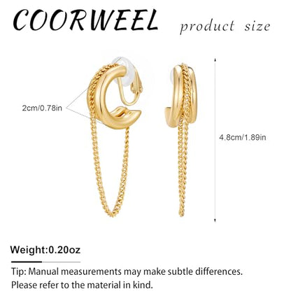Gold Silver Trendy Clip On Dangle Earrings for Women | Clip On Drop Earrings, Tassel Chain Hoop Earrings, Non Piercing, Fashion Jewelry Gifts - color: A Clip-Gold