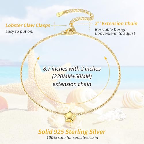 ChicSilver Personalized 925 Sterling Silver Tiny Heart/Moon/Star/Sun/Dot/Triangle Anklets Simple Dainty Foot Jewelry for Women, Silver/Gold Plated/Rose Gold Plated - style: Gold Star Custom