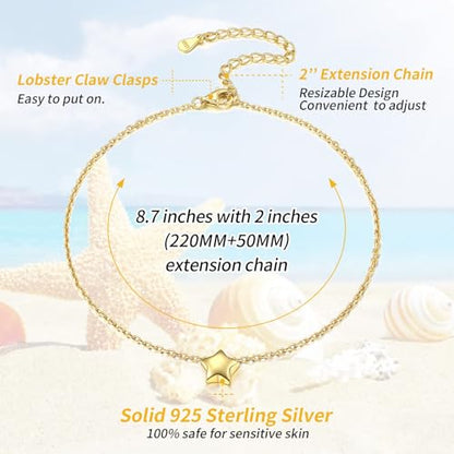 ChicSilver Personalized 925 Sterling Silver Tiny Heart/Moon/Star/Sun/Dot/Triangle Anklets Simple Dainty Foot Jewelry for Women, Silver/Gold Plated/Rose Gold Plated - style: Gold Star Custom