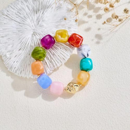 Bead Bracelet for Women Vibrant Color Resin Beads Bracelets Elastic Stretch Chunky Bracelet Boho Summer Beach Vacation Jewelry - color: Colorful