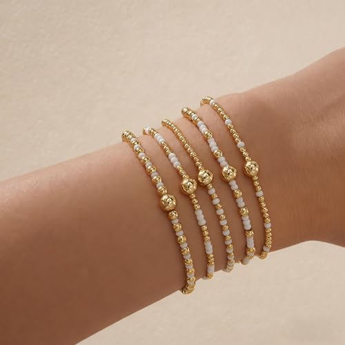 Gold Small Ball Seed Bead Stackable Bracelets Set For Women, Stretch Accessories Handmade Dainty, Daily Party Friendship Gift - color: White
