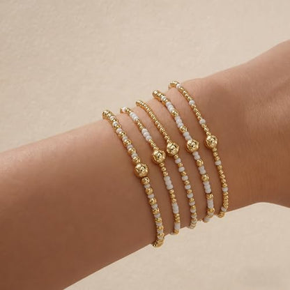 Gold Small Ball Seed Bead Stackable Bracelets Set For Women, Stretch Accessories Handmade Dainty, Daily Party Friendship Gift - color: White