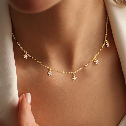 Ursteel 14K-Gold-Plated Necklace for Women Girls, Cute Daisy Pearl Necklace for Girls Clover Butterfly Cubic Zirconia Flower Evil Eye Station Necklaces for Women Teen Girl Gifts - color: Flower Zircon