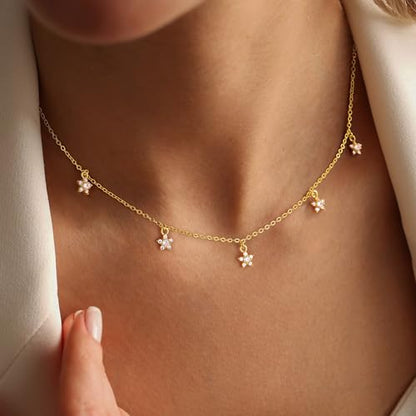 Ursteel 14K-Gold-Plated Necklace for Women Girls, Cute Daisy Pearl Necklace for Girls Clover Butterfly Cubic Zirconia Flower Evil Eye Station Necklaces for Women Teen Girl Gifts - color: Flower Zircon