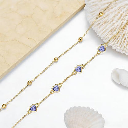 Midari 18K Yellow Gold Gemstone Birthstone Anklet Bracelet Heart Jewelry with 12 Months Birthstone Birthday Gifts for Women Wife Her Daughter Mom - color: 06-Light Violet, size: Bracelet 7"-9"