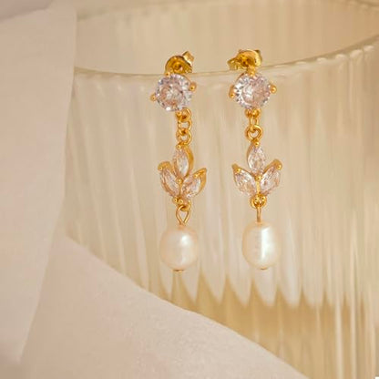 Pearl Earrings for Women Trendy, 14k Gold Plated Freshwater CZ Leaf Pearl Dangle Drop Gold Earrings Lightweight Hypoallergenic Stud Earring Bridesmaid Wedding Gold Jewelry for Women Gifts - style: gold pearl earrings
