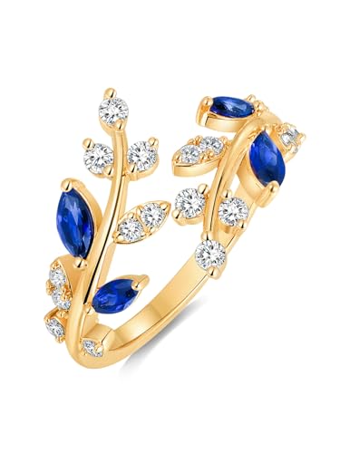 Silver Leaf Ring for Women 925 Sterling Silver Yellow Gold Plated CZ Inlaid Marquise Sapphire/Ruby/Emerald Cocktail Rings Size 6 to 10 - color: Sapphire - Gold