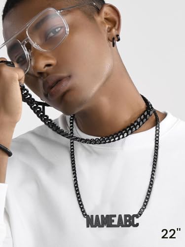 GoldChic JEWELRY Name Necklace Personalized for Men, Womens Custom Name Plate Chain, Stainless Steel Customized Old English Nameplate Choker with Curb Chains Custom, 16 inches to 30 inches - color: Cuban Chain 6 mm-Black(Large Pendant)