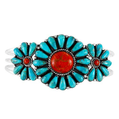 Southwest Style Genuine Gemstones 925 Sterling Silver Cluster Bracelet - color: Turquoise & Coral