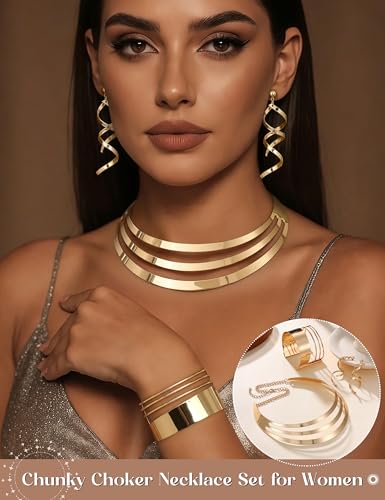 JOERICA Bib Choker Necklace Set for Women Wide Cuff Bangle Bracelets Long Statement Dangle Earrings African Costume Jewelry Set - color: Gold Tone