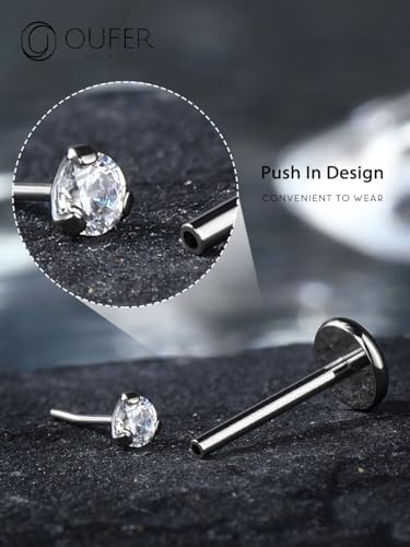OUFER 2PCS Nose Piercings, G23 Solid Titanium Threadless Nose Rings 20G, Clear Tiny CZ Nose Stud Flat Back Nose Nostril Piercing Jewelry for Women Men - size: 2mm CZ_20g 6mm