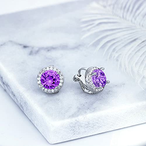 YOQUCOL 8MM Cubic Zirconia Crystal Clip On Stud Earrings Round Non Pierced Earrings for Women - color: Purple