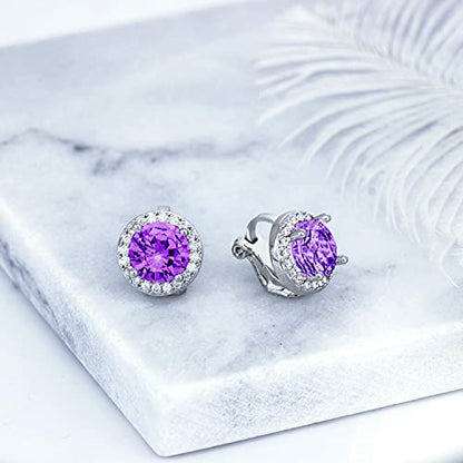 YOQUCOL 8MM Cubic Zirconia Crystal Clip On Stud Earrings Round Non Pierced Earrings for Women - color: Purple