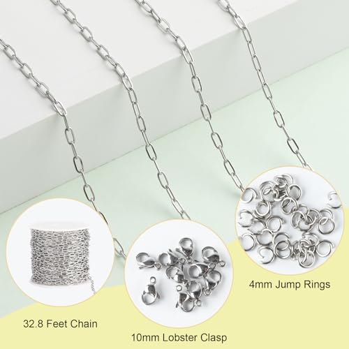 SMYHTGLIF 32.8 Feet Silver Cable Paperclip Jewelry Making Chains Bulk Roll | Stainless Steel Necklace Bracelet Chain with Lobster Clasps and Open Jump Rings for Jewelry Making - color: Silver, size: 2.5×5.3mm