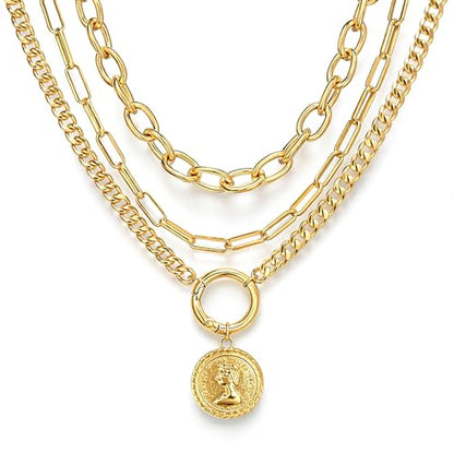 iF YOU Vintage Gold Layered Necklaces for Women Trendy, Chunky Cuban Link Paperclip Chains Necklace Stack, Coin Pendant Necklace Set Jewelry Gifts - style: Chunky gold coin paperclip