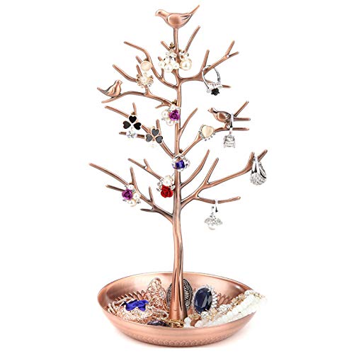 Jewelry Tree Stand Holder with Tray Ear Ring Organizer Bronze | Metal Necklace Earring Display 11.8"×5.9" for Women Teen Girls Home Table Decor Tree-like Design with Bird on the Top - color: Bronze