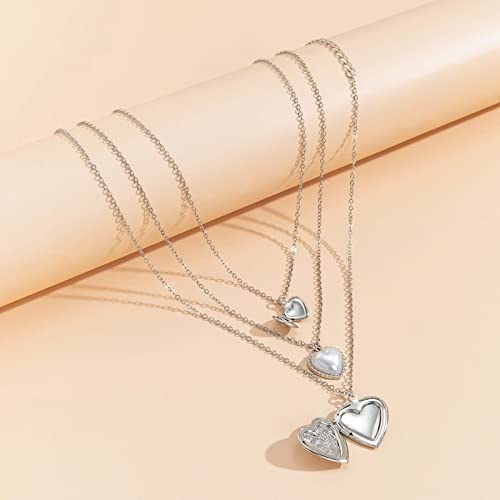 KnBoB 3 Layered Necklaces for Women, Layered Choker Necklaces for Women Adjustable Gold Plated Rolo Chain Necklace with Heart Pendant - color: White Gold